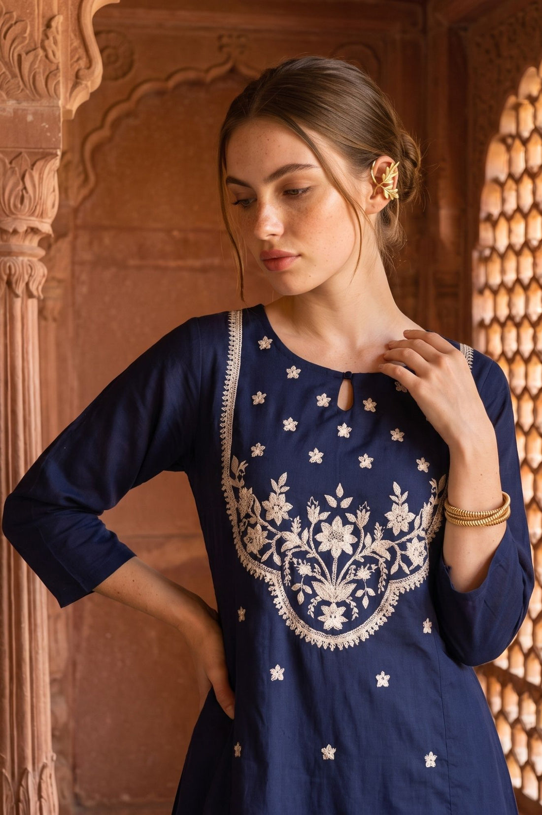 Navy Blue Yarn Dyed Embroidered Straight Kurta