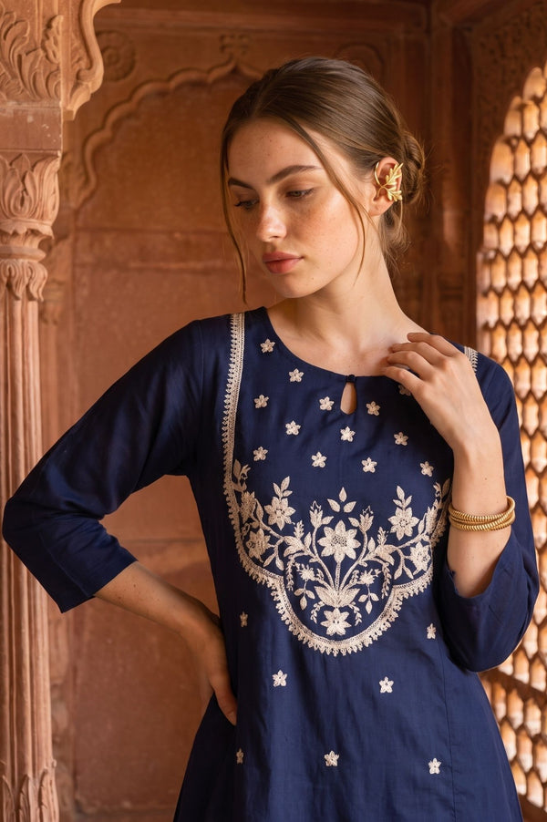 Navy Blue Yarn Dyed Embroidered Straight Kurta