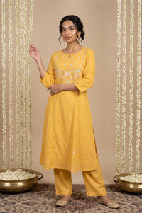 Yellow Embroidered Yarn Dyed Straight Kurta