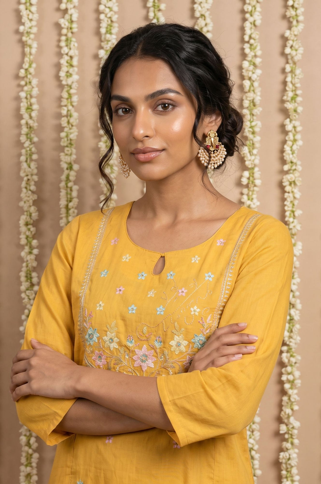 Yellow Embroidered Yarn Dyed Straight Kurta
