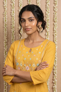 Yellow Embroidered Yarn Dyed Straight Kurta