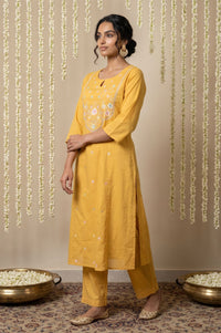 Yellow Embroidered Yarn Dyed Straight Kurta