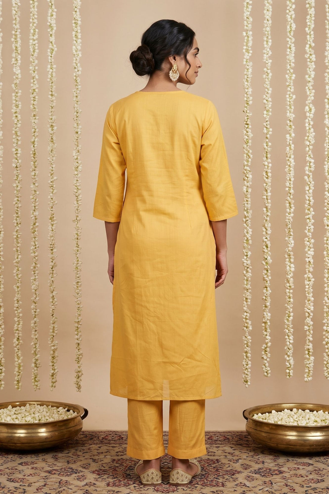 Yellow Embroidered Yarn Dyed Straight Kurta