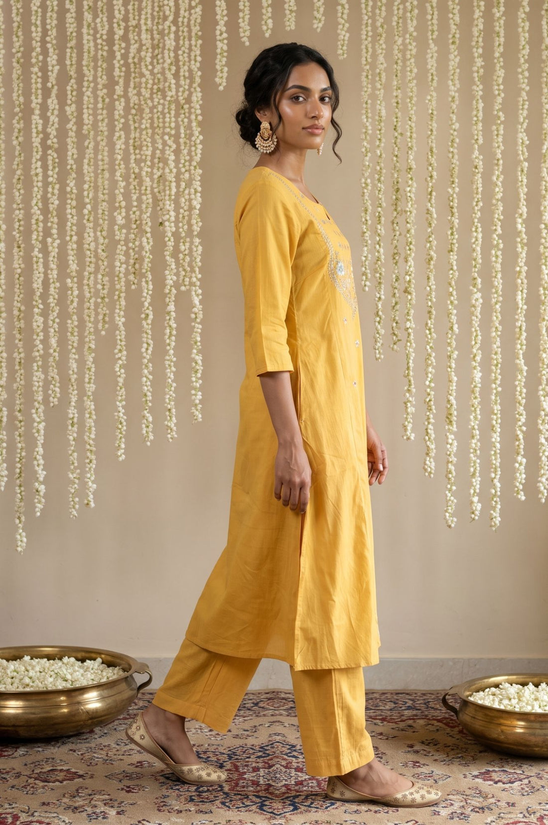 Yellow Embroidered Yarn Dyed Straight Kurta