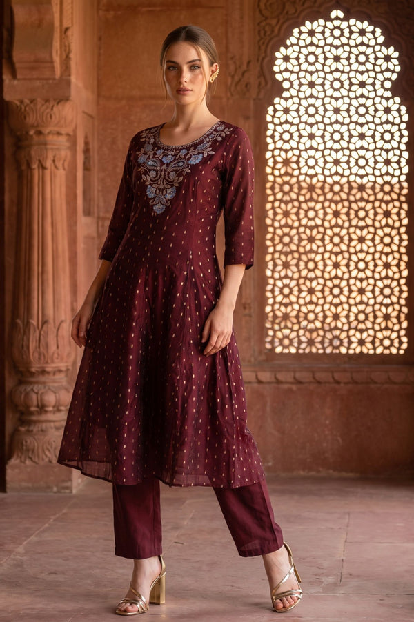 Maroon Yarn Dyed Embroidered Chanderi Flared Kurta