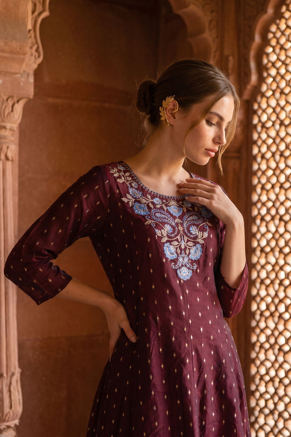 Maroon Yarn Dyed Embroidered Chanderi Flared Kurta