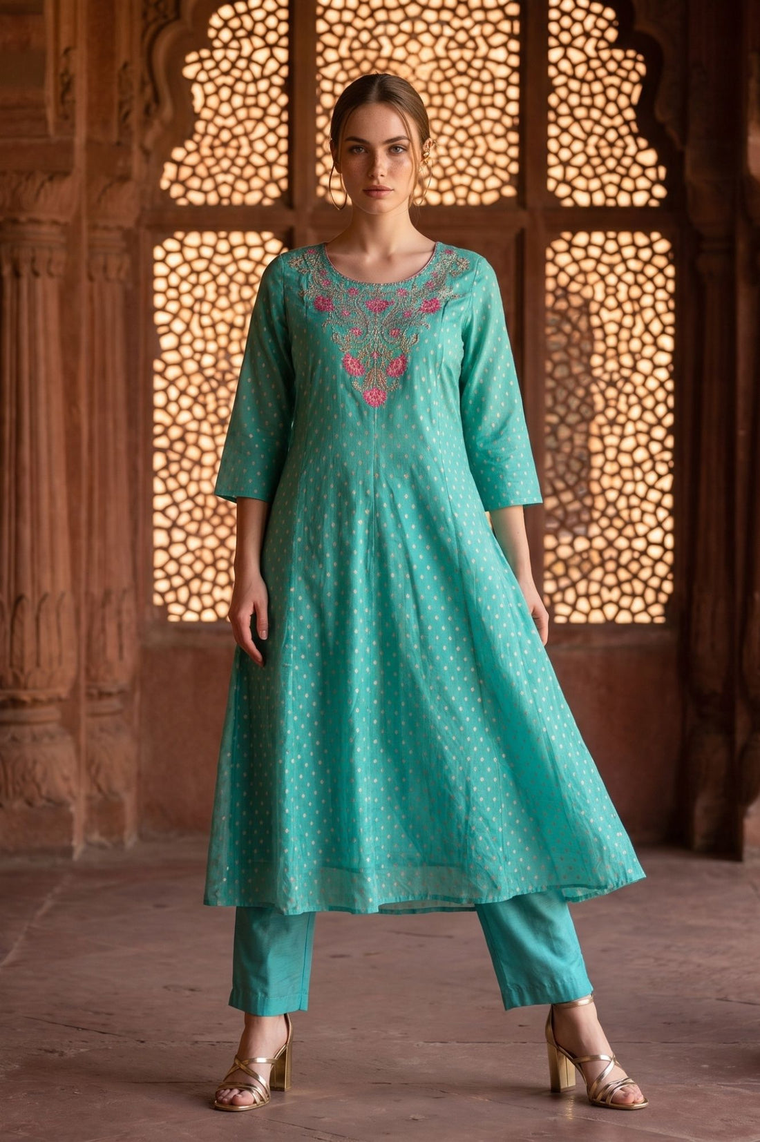 Turquoise Blue Polka Dots Thread Embroidered Chanderi A-line Kurta