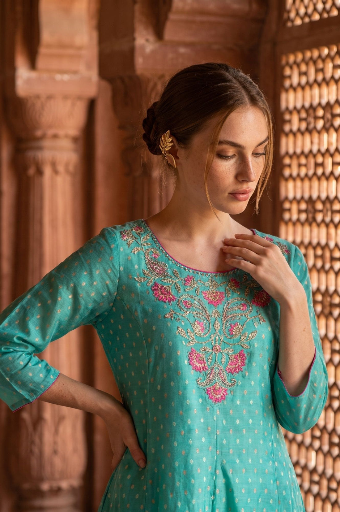 Turquoise Blue Polka Dots Thread Embroidered Chanderi A-line Kurta