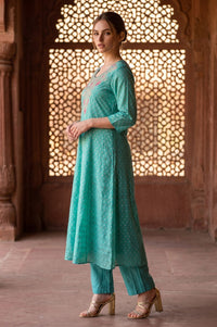Turquoise Blue Polka Dots Thread Embroidered Chanderi A-line Kurta