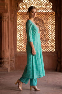 Turquoise Blue Polka Dots Thread Embroidered Chanderi A-line Kurta
