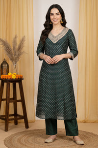 Green Polka Dots Sequins Yarn Dyed Chanderi A-line Kurta