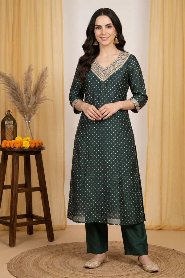 Green Polka Dots Sequins Yarn Dyed Chanderi A-line Kurta