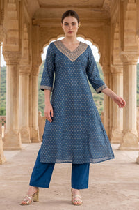 Blue Sequinned Yarn Dyed Chanderi Straight Kurta