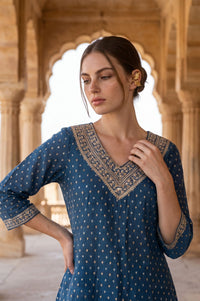 Blue Sequinned Yarn Dyed Chanderi Straight Kurta