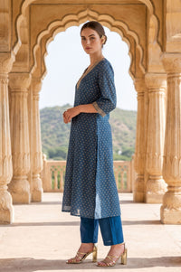 Blue Sequinned Yarn Dyed Chanderi Straight Kurta