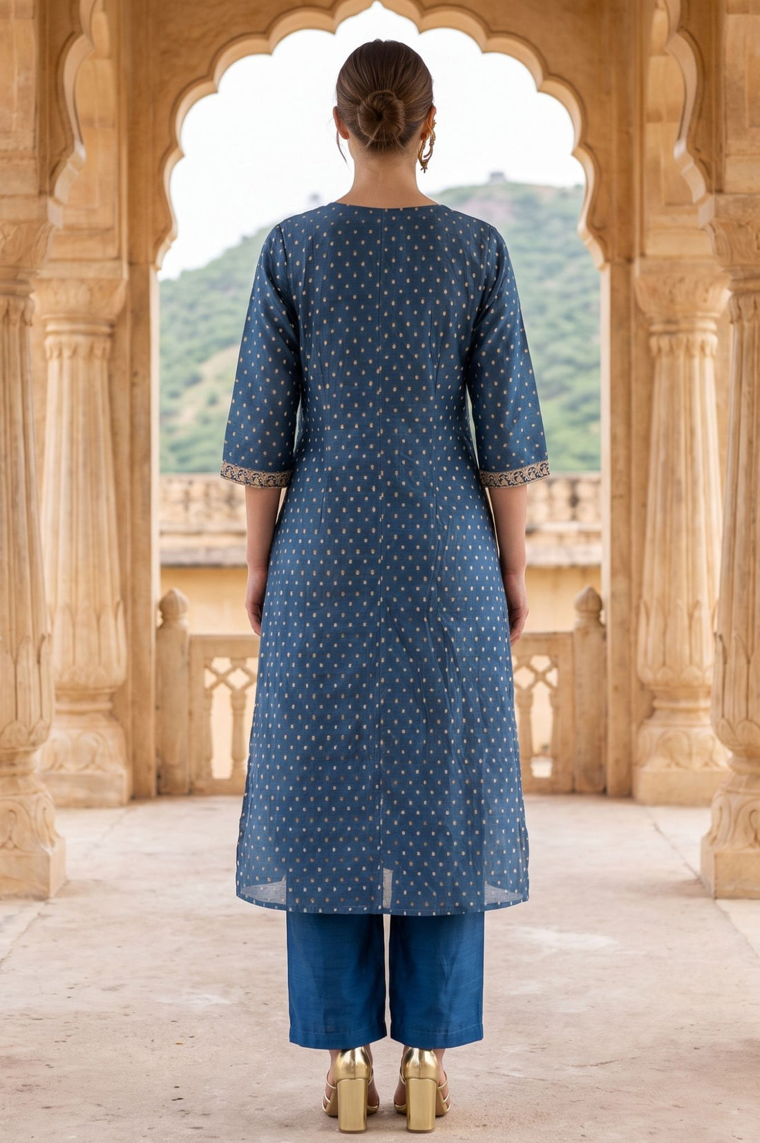 Blue Sequinned Yarn Dyed Chanderi Straight Kurta