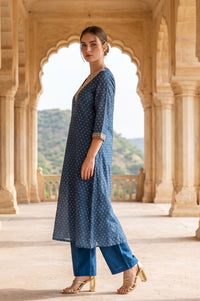 Blue Sequinned Yarn Dyed Chanderi Straight Kurta