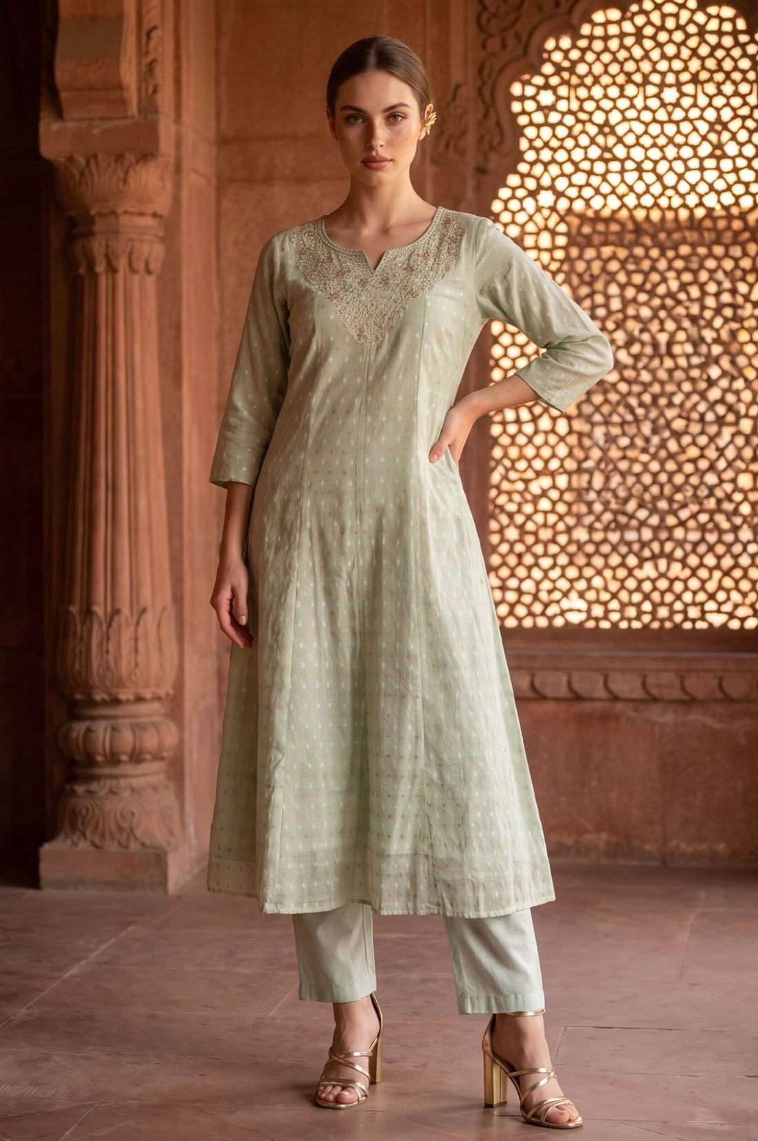 Sea Green Yarn Dyed Textured Zari Chanderi Flared Kurta