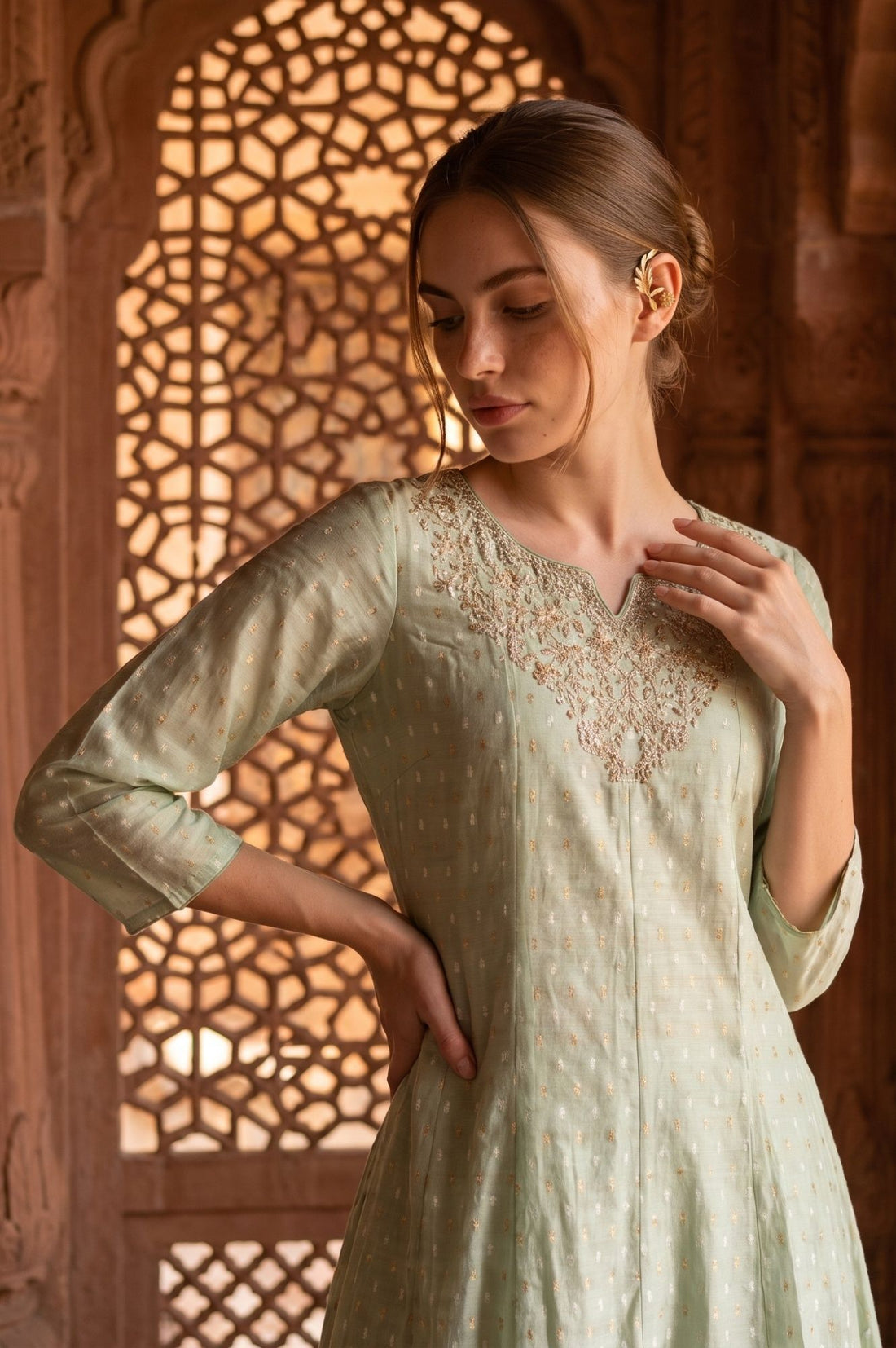 Sea Green Yarn Dyed Textured Zari Chanderi Flared Kurta