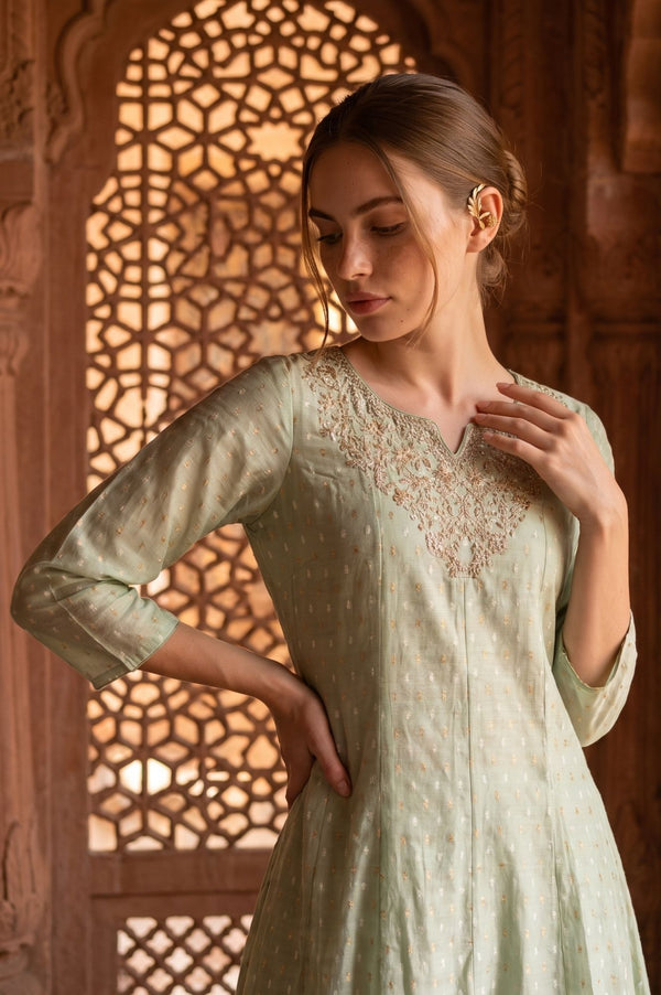 Sea Green Yarn Dyed Textured Zari Chanderi Flared Kurta