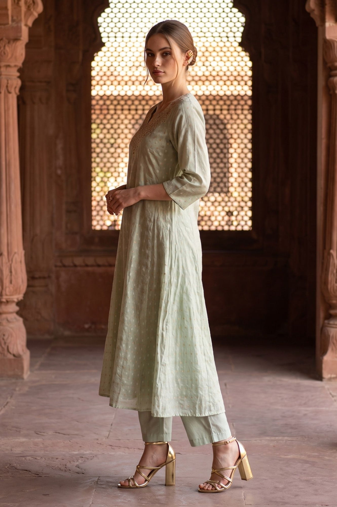 Sea Green Yarn Dyed Textured Zari Chanderi Flared Kurta