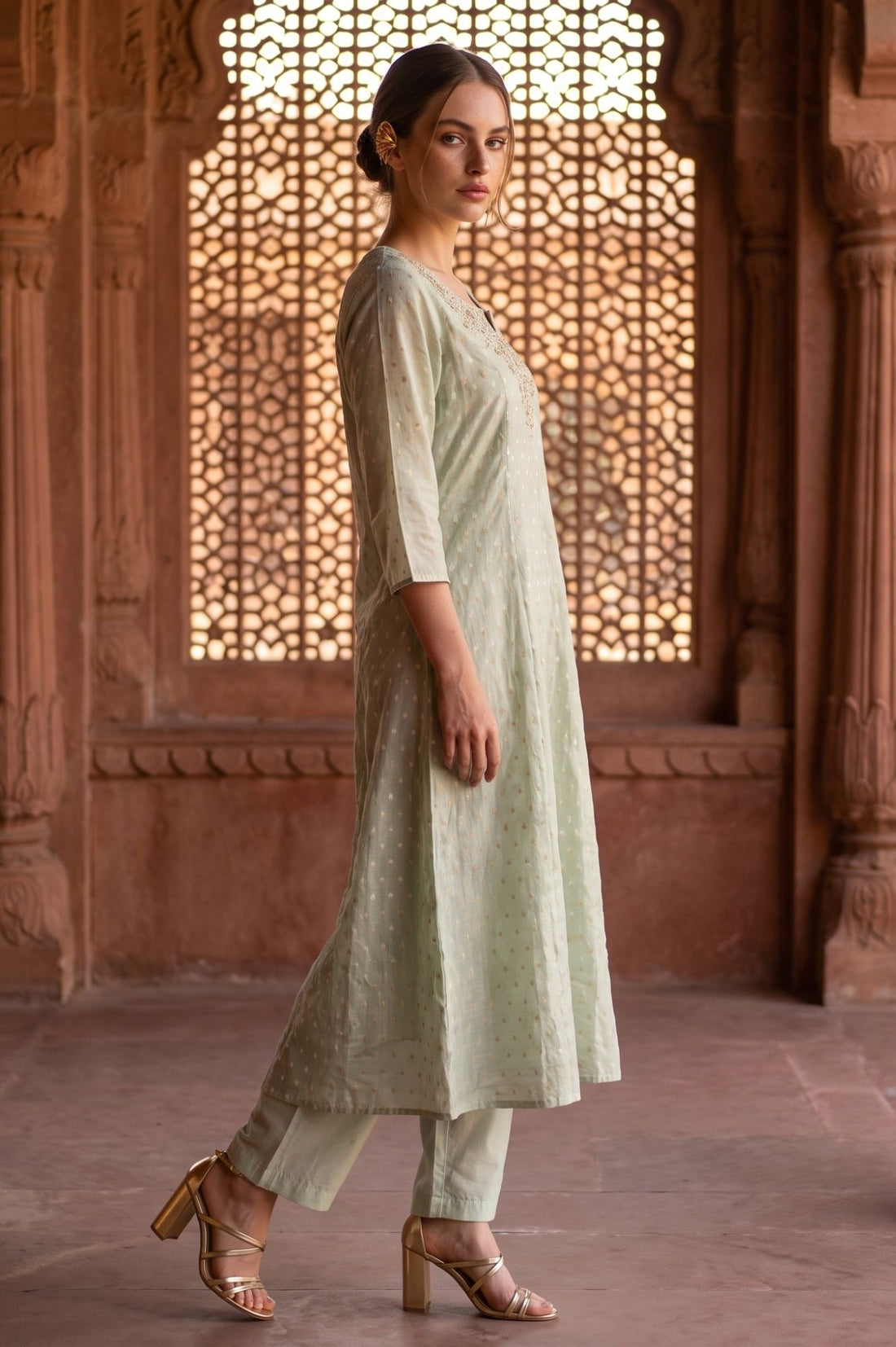Sea Green Yarn Dyed Textured Zari Chanderi Flared Kurta