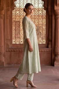 Sea Green Yarn Dyed Textured Zari Chanderi Flared Kurta
