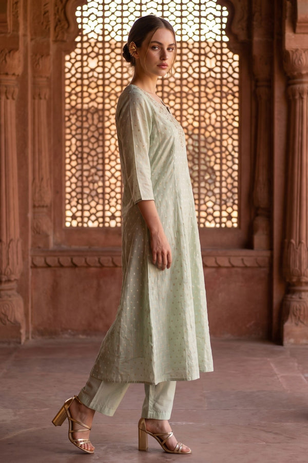 Sea Green Yarn Dyed Textured Zari Chanderi Flared Kurta