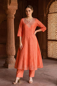 Orange Zari Embroidered Yarn Dyed Chanderi Flared Kurta