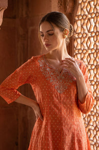 Orange Zari Embroidered Yarn Dyed Chanderi Flared Kurta