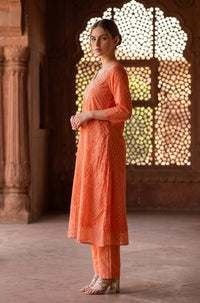 Orange Zari Embroidered Yarn Dyed Chanderi Flared Kurta
