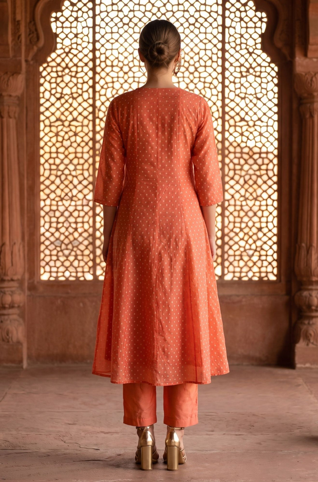 Orange Zari Embroidered Yarn Dyed Chanderi Flared Kurta