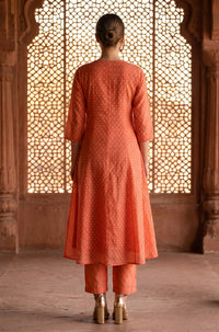 Orange Zari Embroidered Yarn Dyed Chanderi Flared Kurta