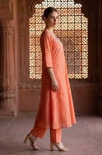 Orange Zari Embroidered Yarn Dyed Chanderi Flared Kurta