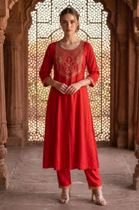 Red Zari Embroidered Rayon A-line Kurta