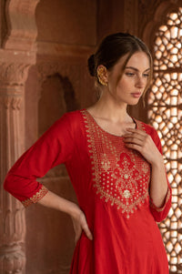 Red Zari Embroidered Rayon A-line Kurta