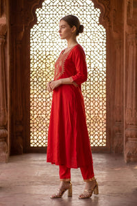 Red Zari Embroidered Rayon A-line Kurta