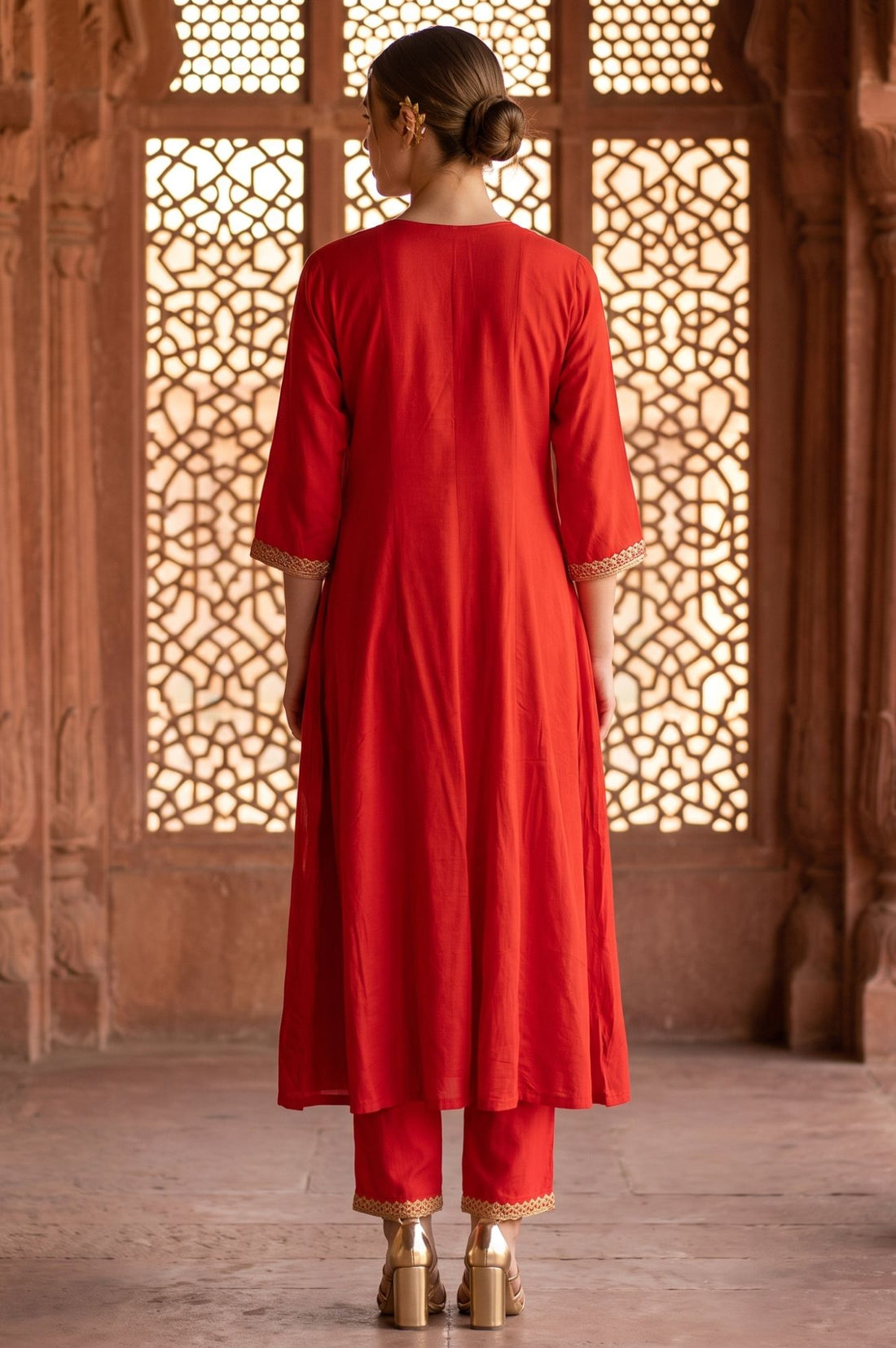 Red Zari Embroidered Rayon A-line Kurta