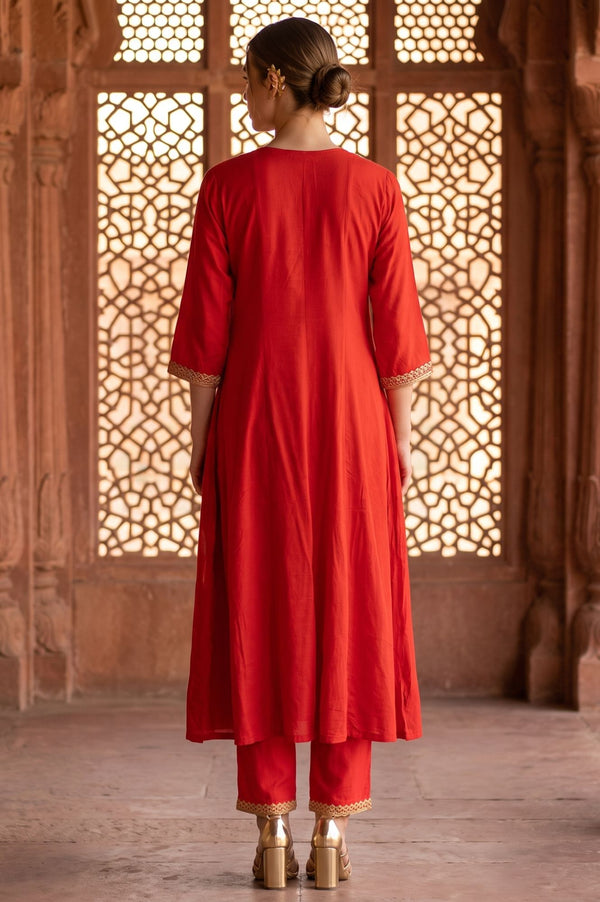 Red Zari Embroidered Rayon A-line Kurta