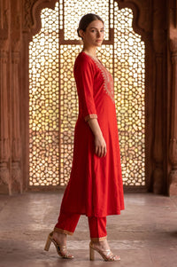Red Zari Embroidered Rayon A-line Kurta