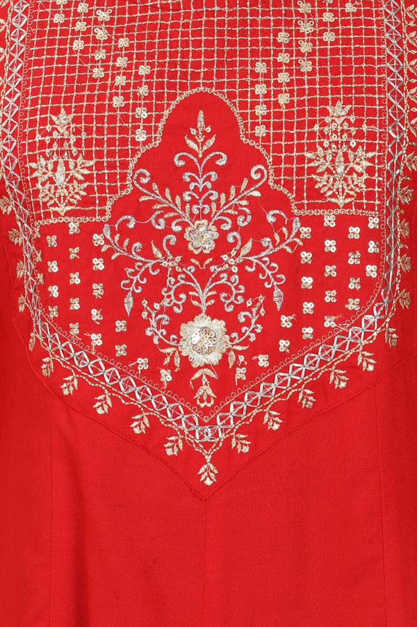 Red Zari Embroidered Rayon A-line Kurta