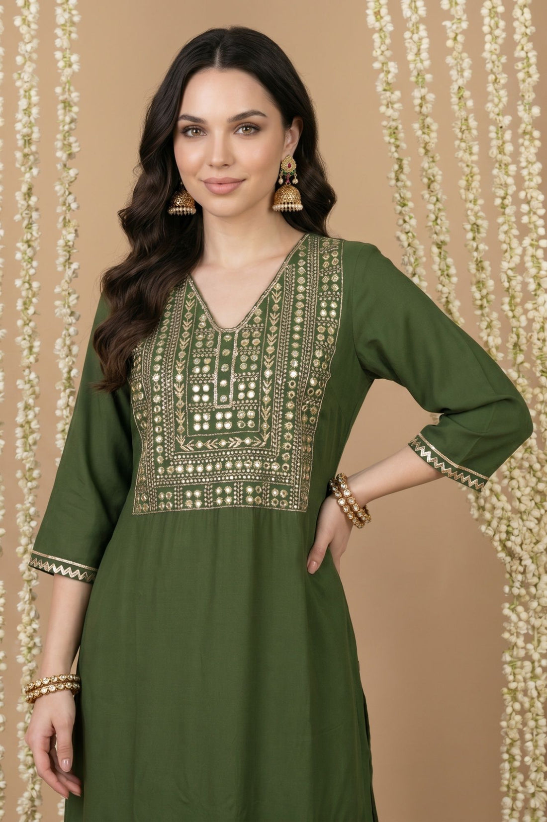 Olive Solid Mirror Work Rayon Straight Kurta