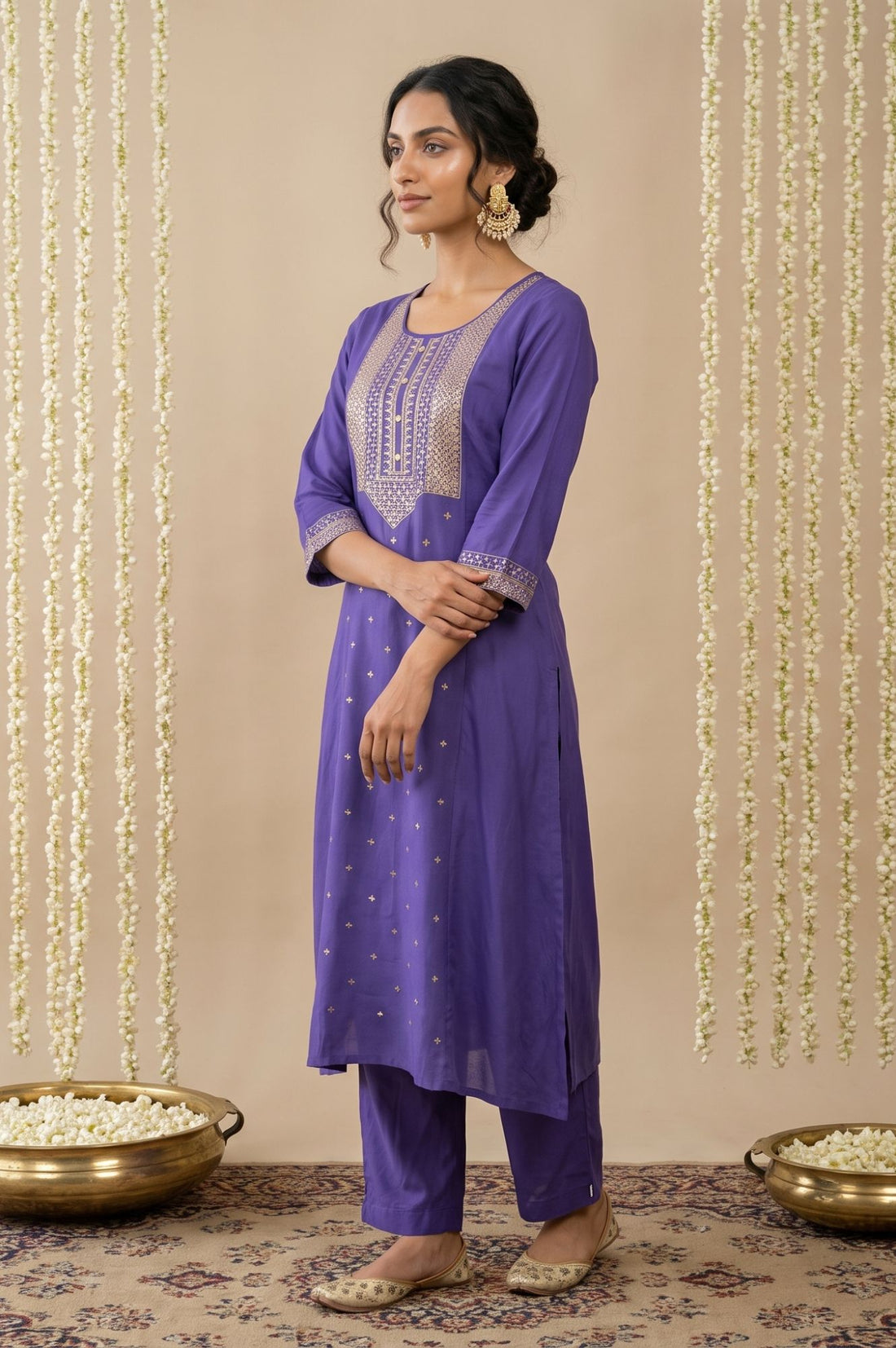 Purple Sequinned Rayon Straight Kurta