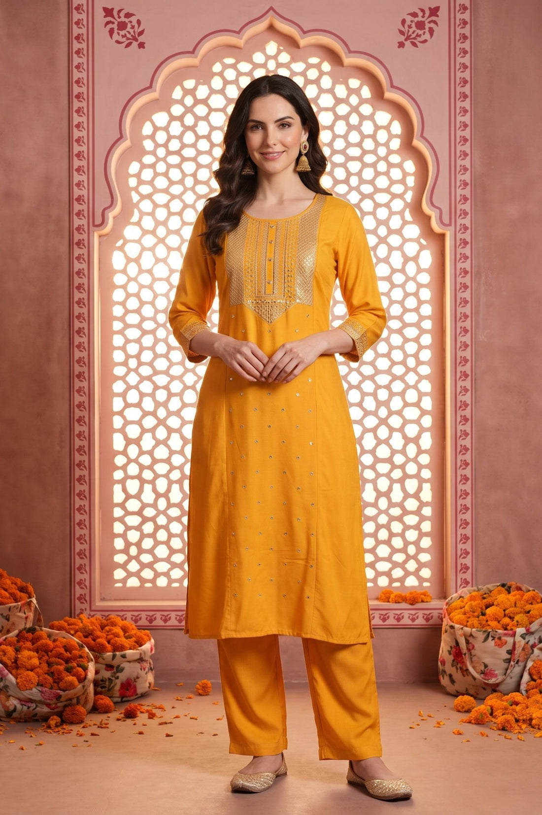 Yellow Sequin Rayon Straight Kurta
