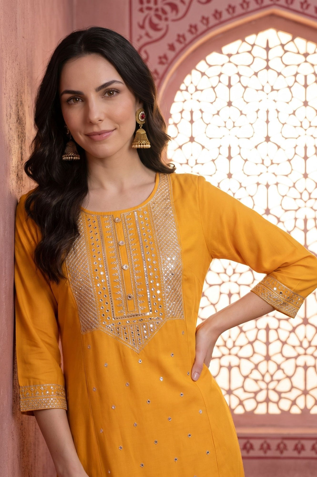 Yellow Sequin Rayon Straight Kurta