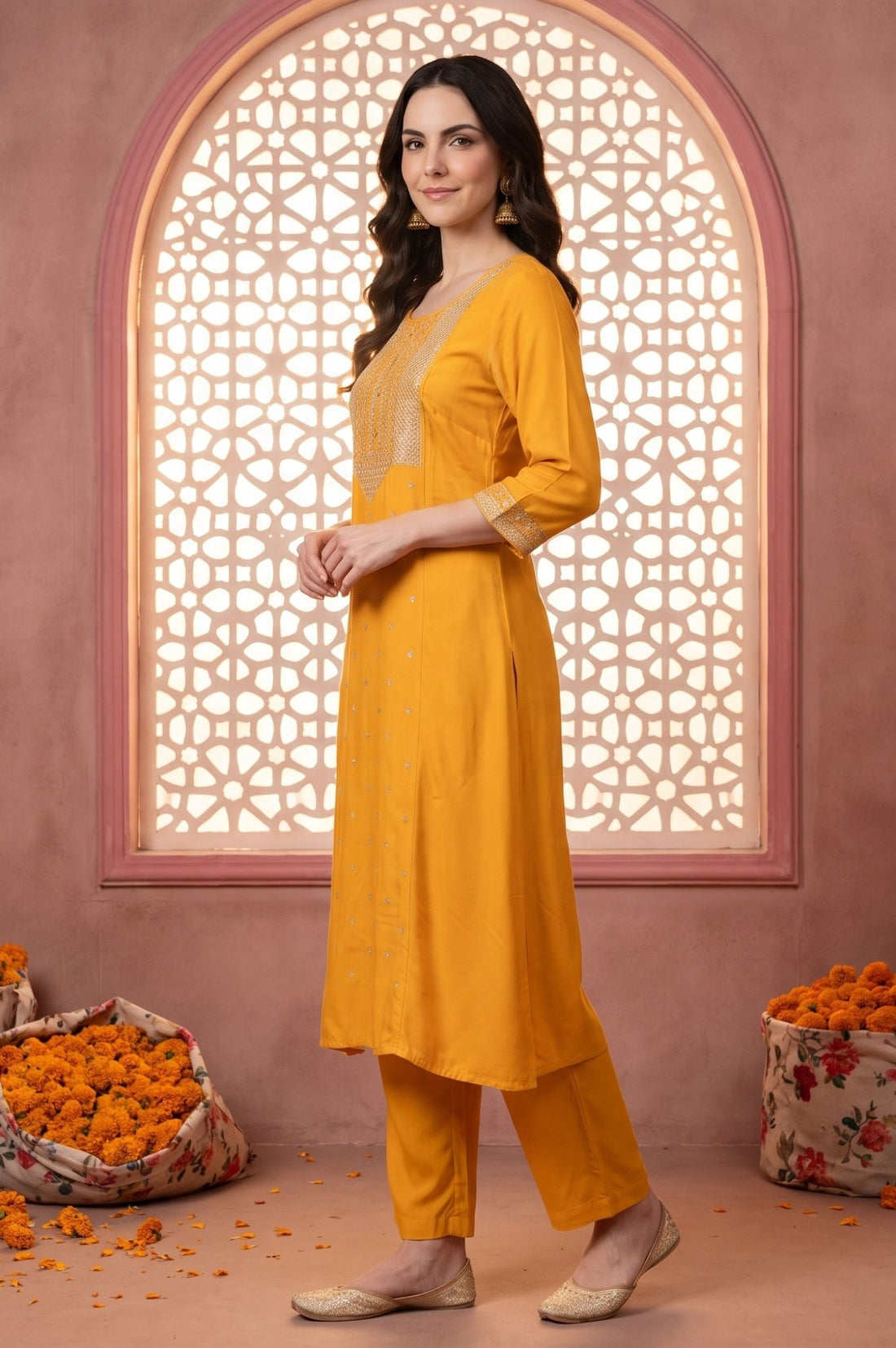 Yellow Sequin Rayon Straight Kurta