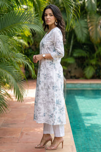White Floral Printed Pure Cotton A-line Kurta