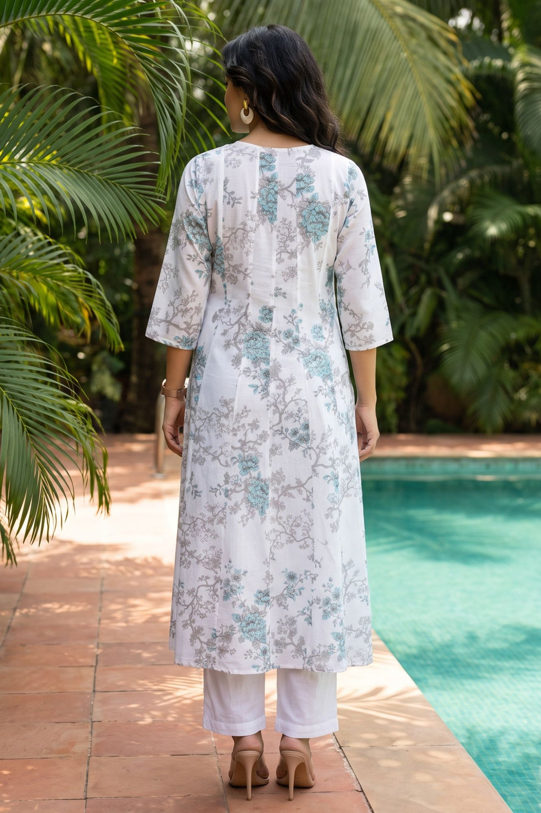 White Floral Printed Pure Cotton A-line Kurta