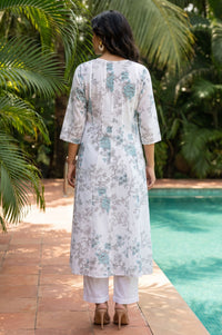 White Floral Printed Pure Cotton A-line Kurta