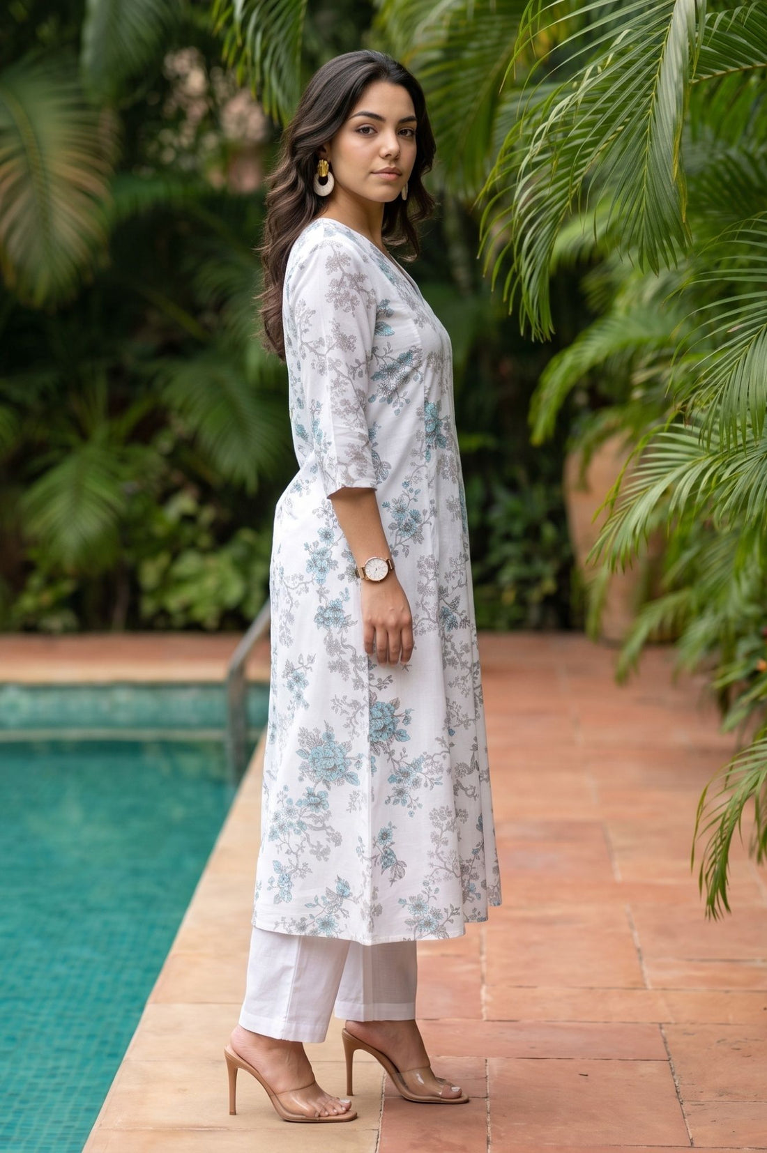 White Floral Printed Pure Cotton A-line Kurta